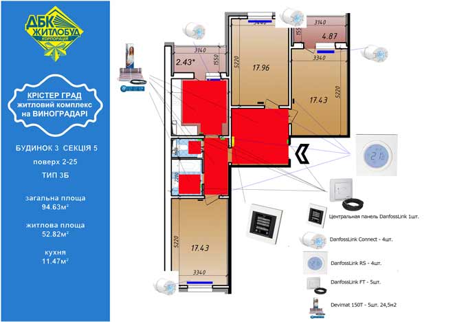 Пример системы DanfossLink для 3х комнатной квартиры в ЖК Кристер град
